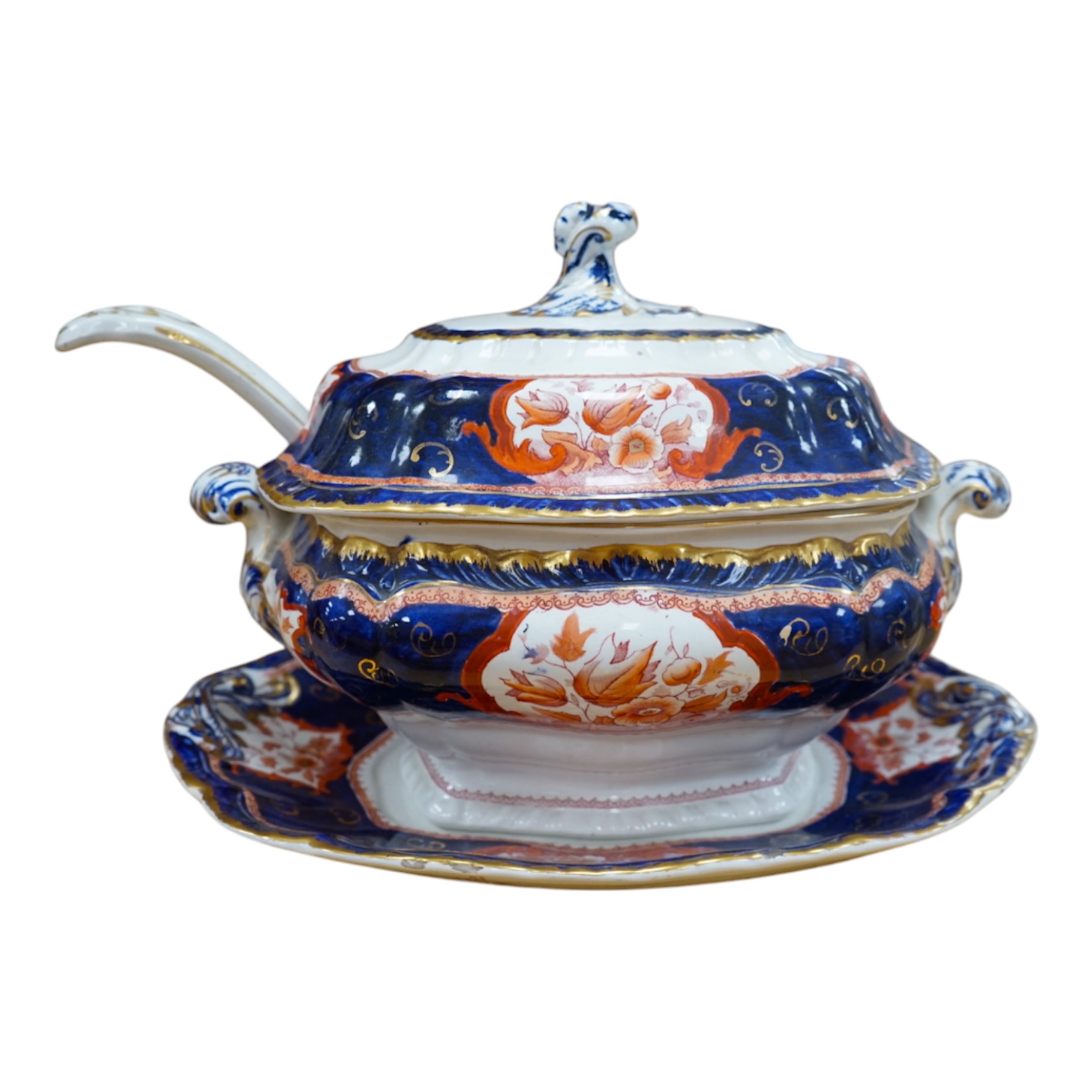 A Victorian Booths pottery iron red, blue and gilt soup tureen, cover, stand and ladle. Condition - good